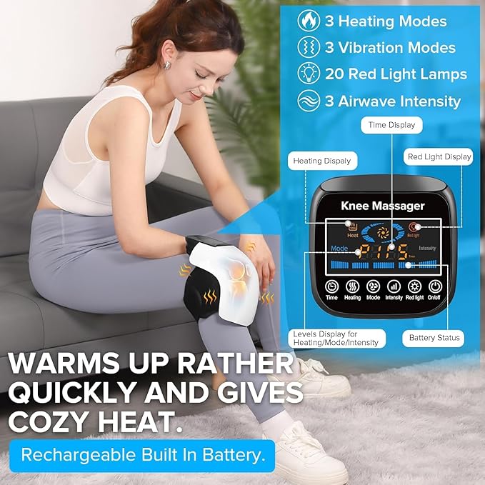 4-in-1 Knee Massager – Deep Heat, Red Light, Vibration & 3D Massage, Cordless and Portable with large LED Screen, Ideal for Joint Pain Relief & Post-Workout Recovery, Gift for Families and Friends