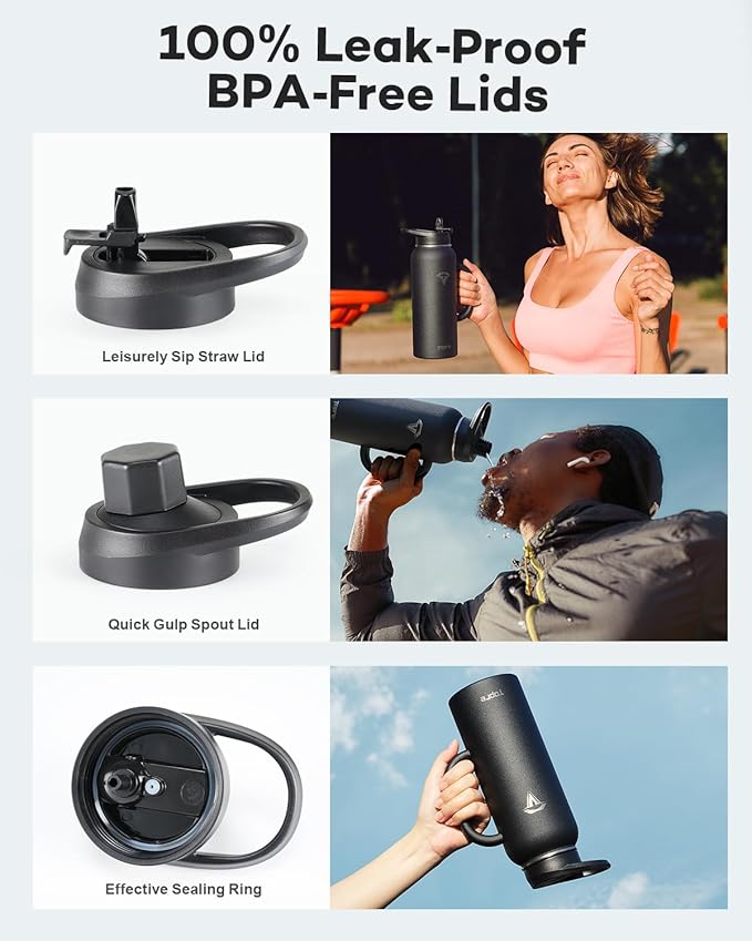 40 oz Insulated Water Bottle with Straw and Lid, Food-grade Double Wall Vacuum Stainless Steel Flask with Handle,Leakproof Metal Travel Jug With Carry Pouch and Brush,Keep Cold & Hot,Black