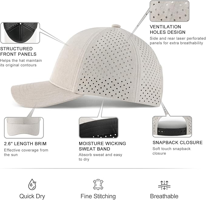 VOBOOM Men Snapback Trucker Hat, Baseball Cap for Breathable Side Laser Cut Holes