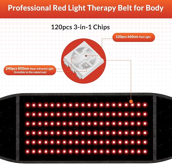 Red Light Therapy Belt, Rechargeable Infrared Light Therapy Device with Massage and Timer, Wearable 660nm&850nm Red Light Therapy Wrap Belt for Body Pain Relief(8.4’‘ * 48’‘）