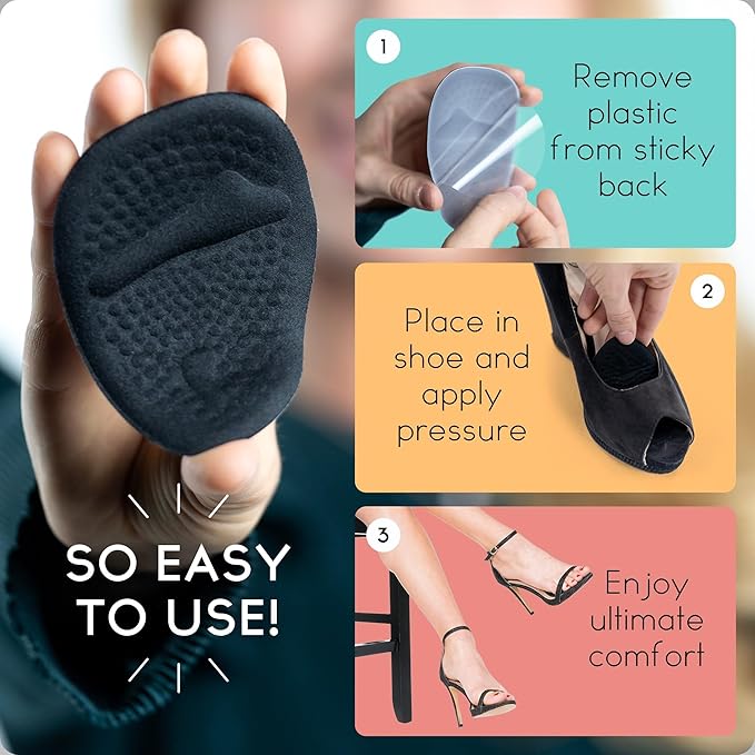Walkize Metatarsal Pads Women | Heel Inserts for Women | Ball of Foot Cushions (2 Pairs Foot Pads) All Day Pain Relief and Comfort One Size Fits Shoe Inserts (Black)