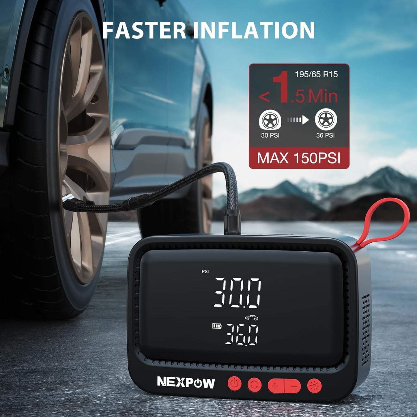 NEXPOW Tire Inflator Portable Air Compressor, 150 PSI Cordless Air Pump for Car Tires with Dual Digital Pressure Gauge and Auto Shut-Off, Portable Tire Inflator for Car, Motorcycle, Bicycle, Balls etc