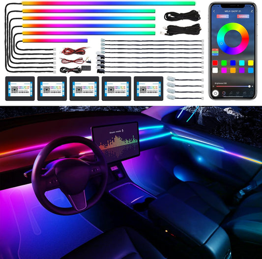 Dreamcolor Acrylic Interior Car LED Strip Light with Wireless APP, RGB 18 in 1 with 175 inches 600 LEDs Fiber Optic Car Ambient Lighting Kits, Dual Zone Sound Active Function LED Strip for Car