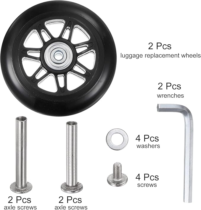 uxcell Replacement Luggage Wheels 90x24mm Suitcase Wheel Repair Kits Include 2 PU Bearing Wheels & Washers, Wrenches & Axle Screw for Trolley Bag, Inline Skate and Caster Board