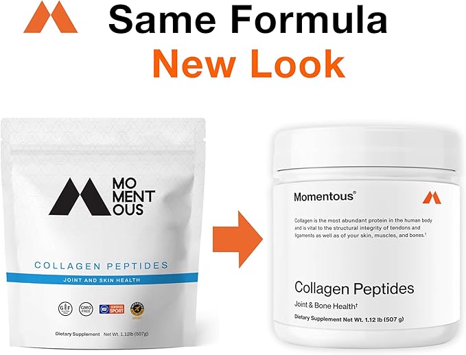 Momentous Grass-Fed Collagen Peptides Powder - Collagen Protein Powder with Fortigel & Vitamin C for Hair, Skin, Nails, & Joint Health Support - NSF Certified for Sport - Packaging May Vary