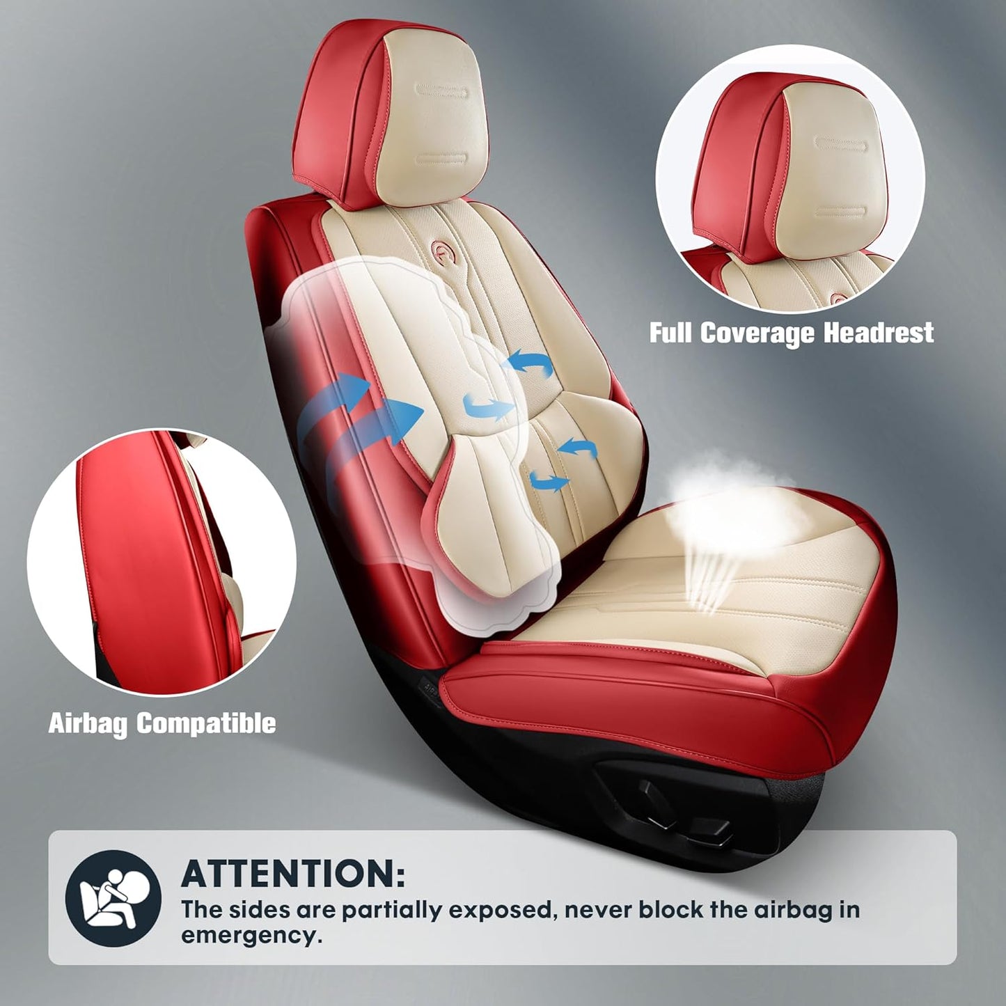 AOOG Car Seat Covers Full Set, Leather Seat Covers for Car, Waterproof Car Seat Protector with Lumbar Support, Automotive Seat Covers Universal Fit for Most Cars SUV Trucks (Full Set, Red)