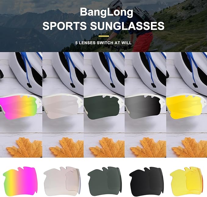 BangLong Polarized Sports Sunglasses Cycling Sun Glasses for Men Women with 5 Interchangeable Lenes for Running Baseball Golf