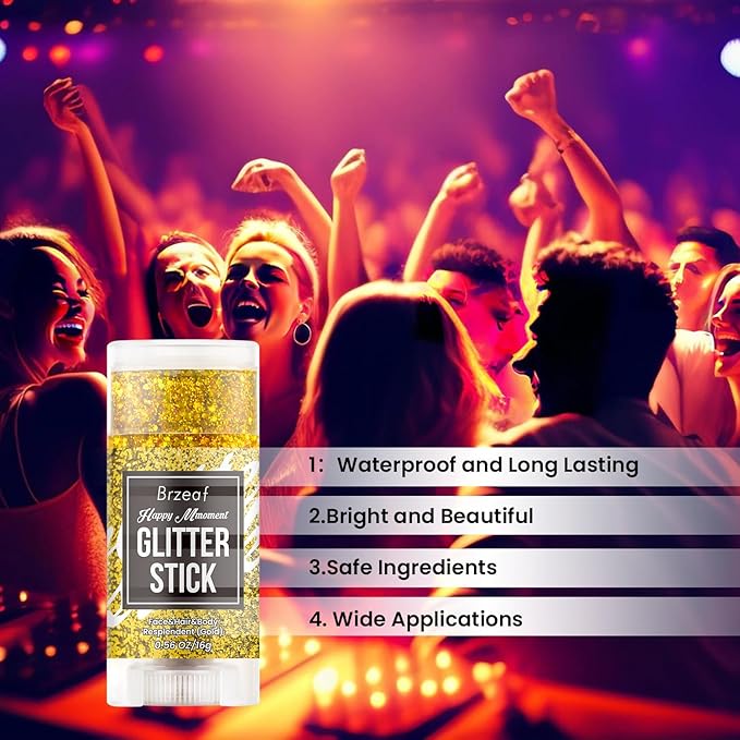 Brzeaf Waterproof Gold Glitter Stick, Face Glitter Makeup, Shimmery & Long Lasting, Chunky Glitter for Face/Body/Hair/Eyes/Lip, Singer Concert Music Halloween Christmas Rave Festival