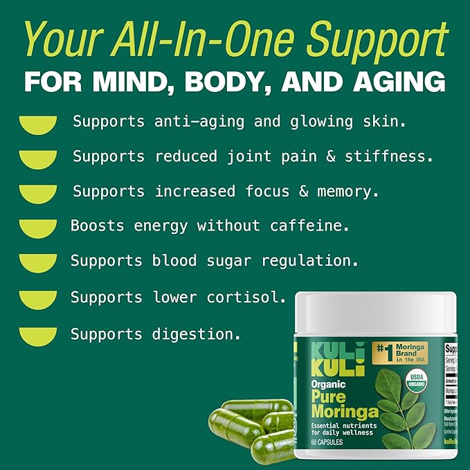 Kuli Kuli Organic Moringa Capsules [60 Count] - Premium Moringa Leaf Powder Capsules - Nutrient-Dense Superfood for Energy, Vitality, and Wellness