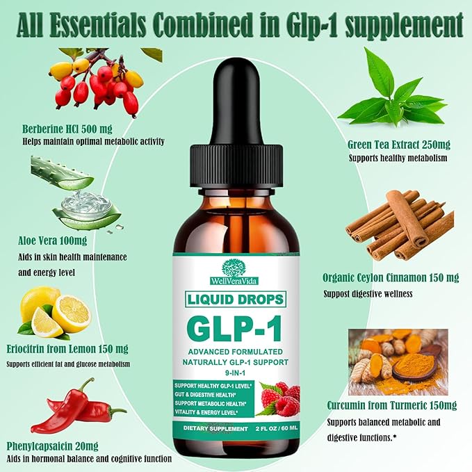GLP-1 Supplements Drops | 9-in-1 Premium GLP1 Boost w. Berberine, Ceylon Cinnamon, Green Tea Extra- ct Eriocitrin, Naturally GLP 1 Support for Metabolism & Gut Digestion丨Raspberry, Sugar Free