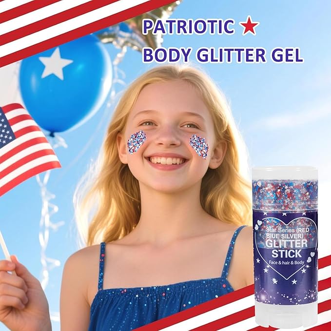 Patriotic Red White and Blue Glitter Stick, 4th of July Outfits for Body & Hair, Women Kids Fourth of July Accessories, Face Hair Glitter for Independence Day, Memorial Day, Veterans Day