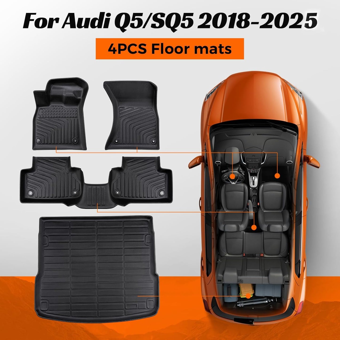 DrCarNow Floor Mats for Audi Q5/SQ5 2018-2025, All Weather Car Floor Mats for Audi SQ5 & Q5 Accessories Cargo Liner Trunk Liner Custom Fit TPE 4-Piece Black 2025 2024 2023 2022 2021 2020 2019 2018