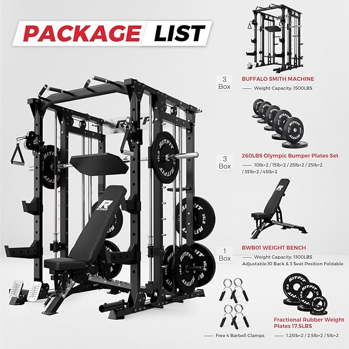 RitFit Smith Machine Power Cage with LAT Pulldown & Cable Crossover, All-in-One Power Rack Home Gym System with Leg Press Attachment & Accessories