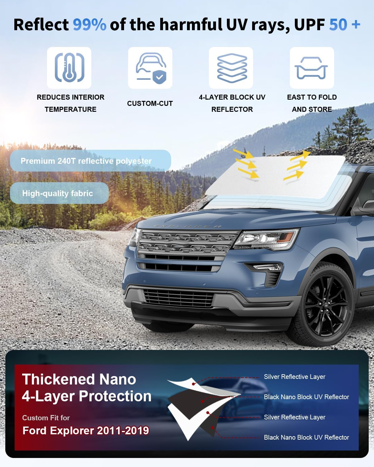 Windshield Sun Shade for 2011-2019 Ford Explorer SUV, ST XLT, Limited, Platinum Accessories Foldable Heat Shield Protector Block UV Ray Keep Your Car Cooler