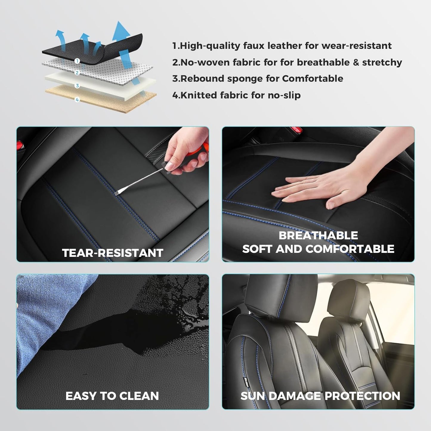 Seat Covers for Honda Civic Sedan 4DR Sedan LX 2022 2023 2024 2025.Faux Leather Car Seats Cover Full Set,(Rear Row Solid Folding Backrest)-BlackBlue