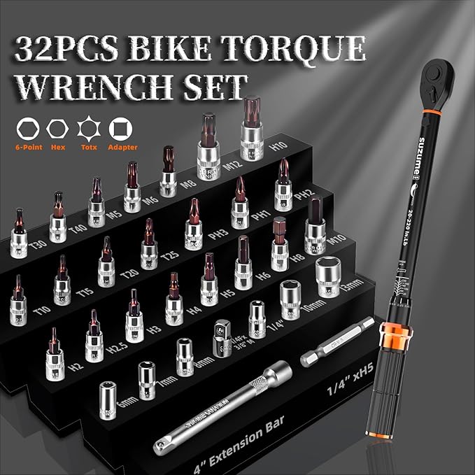 1/4-Inch Bike Torque Wrench 32PCS (20-220 in.lb/2.3-24.9 N.m) Reversible Head Dual-Scales 1/4 Torque Wrench 72 Tooth ±3% High Accuracy Click Torque Wrench Set For MTB Bicycle Maintenance