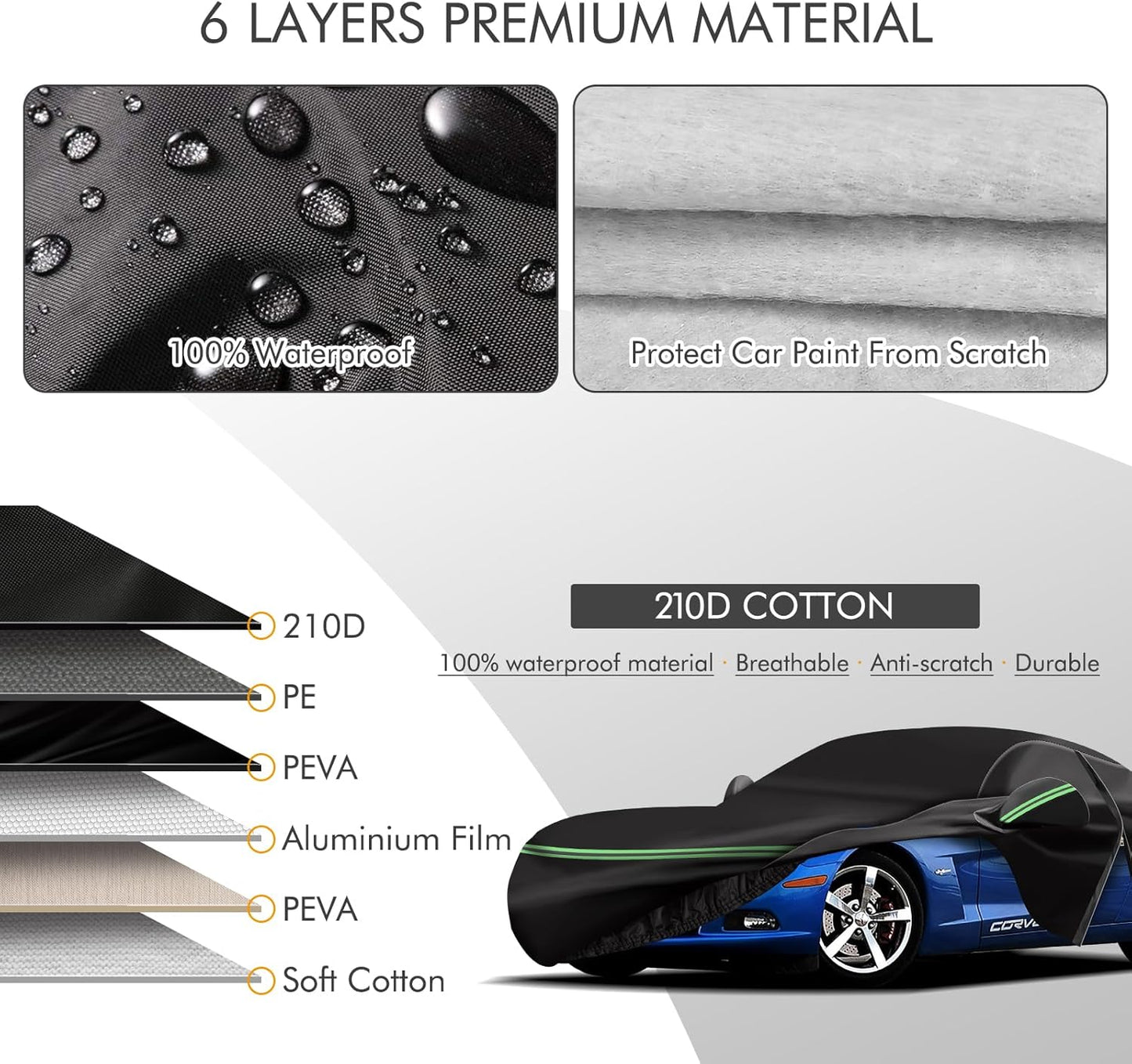 for Corvette 2005-2013 C6 Car Cover 210D Outdoor Waterproof UV Protection, with Cotton Layer, Zipper Door, Reflective Strip, Storage Bag, for Chevy C6