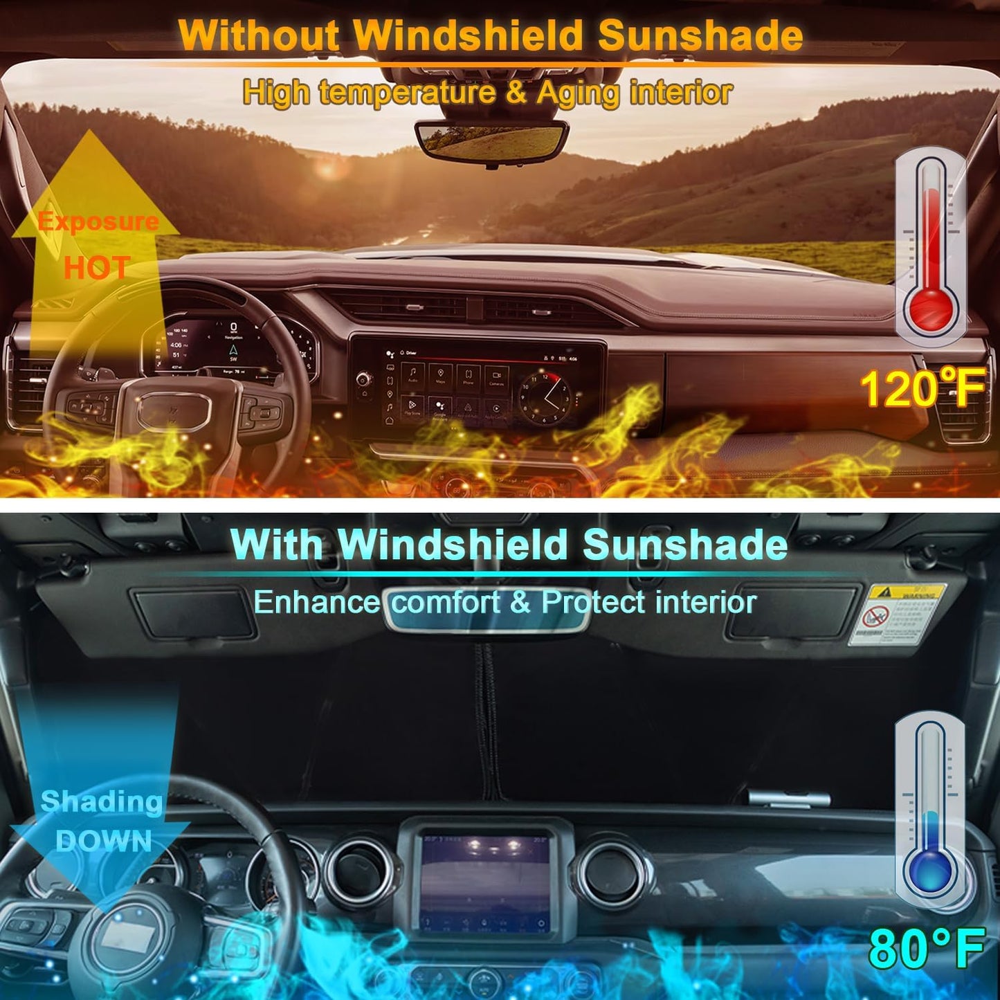 Premium Windshield Sun Shade for 2018-2025 Jeep Wrangler JL JLU & 2020-2025 Jeep Gladiator, Reflective 310T Material Front Window Sun Visor Blocks UV Rays Foldable Sunshade with Storage Pouch