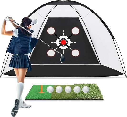 Golf Net,10x7FT with Golf Practice Mat,Hitting Aid Nets for Backyard Driving Chipping Training Swing with Target Outdoor or Indoor–Gifts for Men/Dad/Him