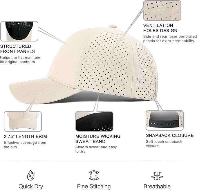 VOBOOM Men Quick Dry Baseball Cap Laser Cut Mesh Ball Curved Brim Snapback Hat