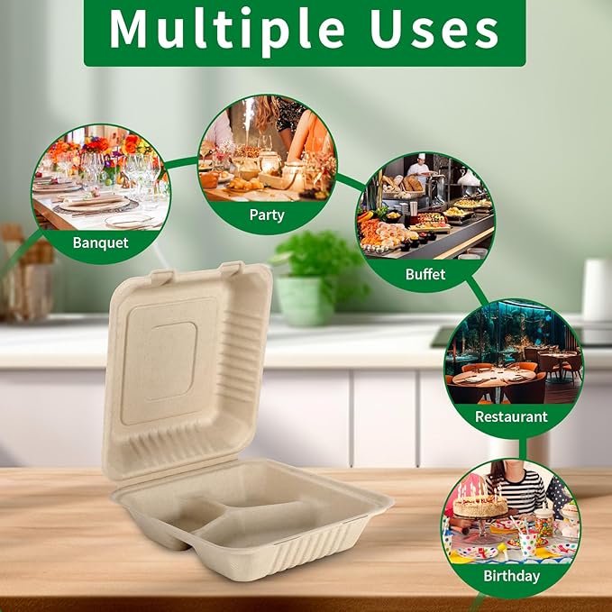 Aricsen 100 Pack 3 Compartment Compostable 8x9 Inch Takeout Lunch Box Containers with Lid To Go Take Out Clamshell for Food, Disposable Eco-Friendly Biodegradable Bagasse, PFAS-Free, Brown