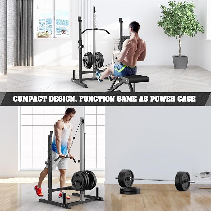 Power Rack with LAT Pulldown Pulley System Adjustable Multi-Functional Squat Rack, Power Cage with J-Hooks Home Gym