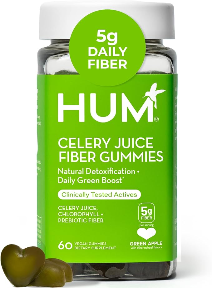 HUM The First Prebiotic Celery Juice Fiber Gummies, Supports Detoxification, A Daily Green Boost Includes Celery Juice, Chlorophyll, Prebiotic Fiber (60-Count)