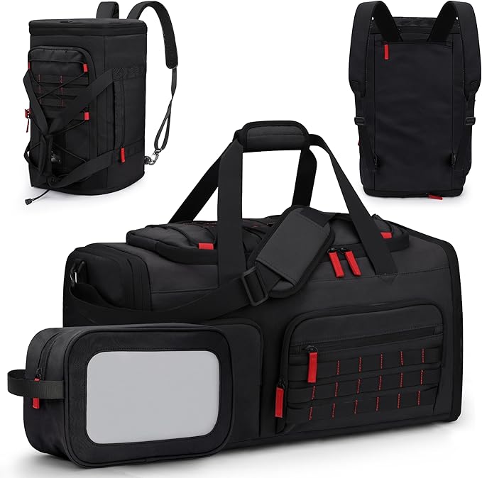 Gym Bags for Men Women, 45L Sports Travel Duffle Bag with Shoe Compartment, 3 in 1 Weekener Overnight Backpack with Wet Pocket, Black