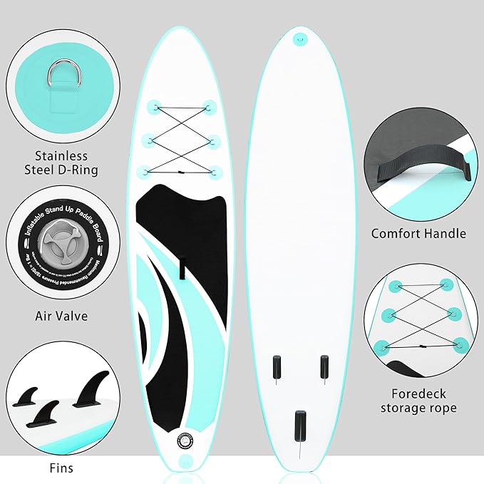 Inflatable Stand Up Paddle Board 10‘x30‘‘- Ultra-Light SUP with Backpack, Pump, Paddle, Coil Leash, 3 Fins, Repair Kit, Stable Design, Non-Slip EVA Deck for Adults & Youth