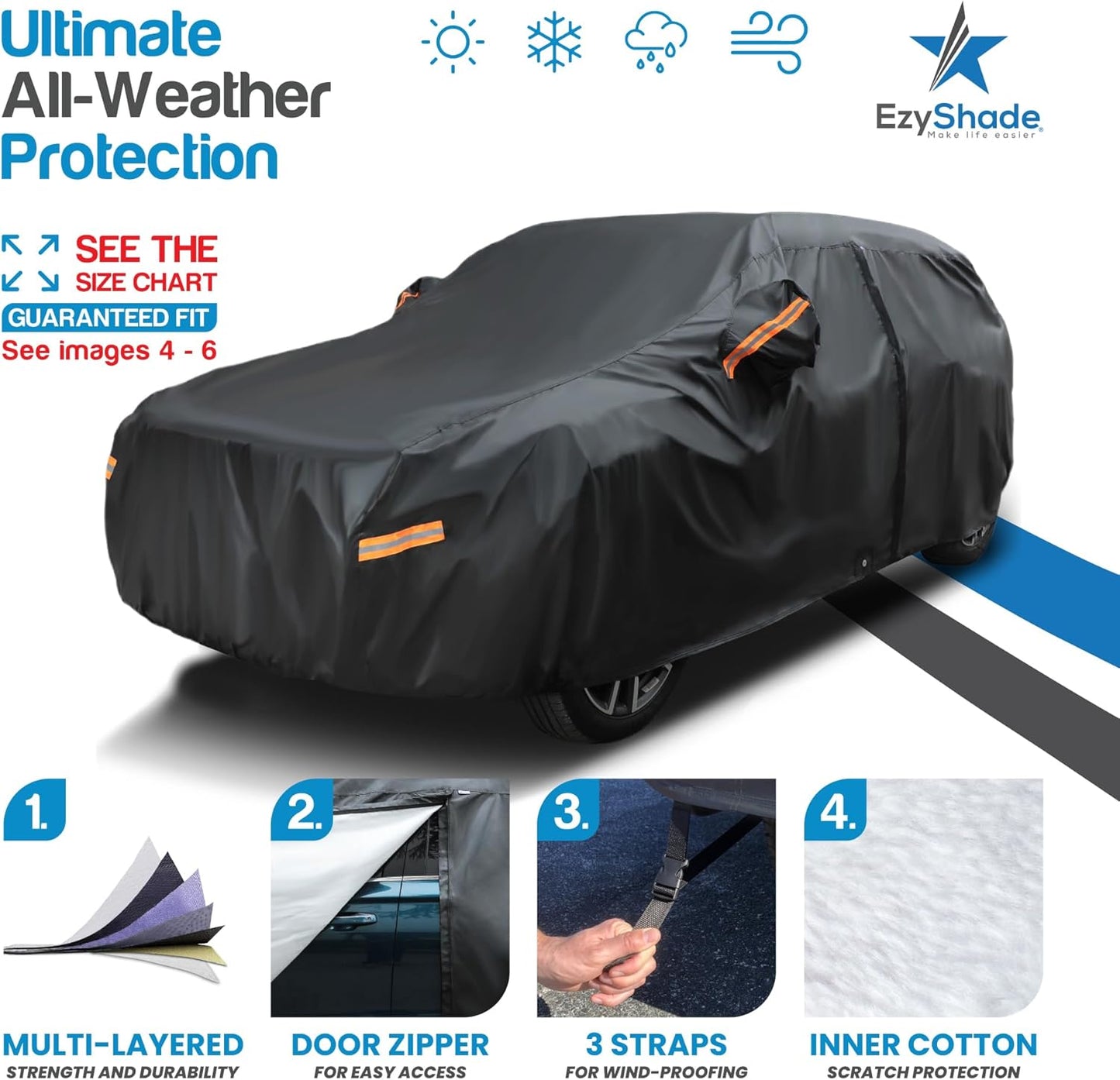 EzyShade 10-Layer SUV Car Cover Waterproof All Weather. See Vehicle Size-Chart for Accurate Fit. Outdoor Full Exterior Covers for Automobiles Heavy Duty Jeep Rav4 CRV. Black, Size S4 (See SizeChart)