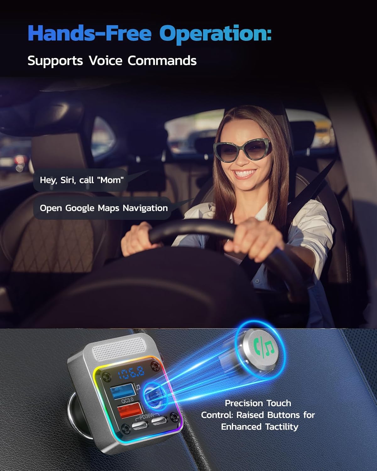 Nulaxy 54W Bluetooth 5.3 Car Adapter with 4 Charging Ports [PD 36W & QC3.0 18W], Wireless Radio FM Transmitter with Deep Bass Player & 5 Colors LED Backlit, Hands-Free Calling - Silver