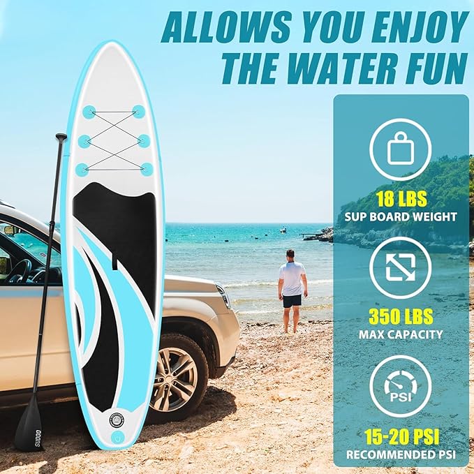 Inflatable Stand Up Paddle Board 10‘x30‘‘- Ultra-Light SUP with Backpack, Pump, Paddle, Coil Leash, 3 Fins, Repair Kit, Stable Design, Non-Slip EVA Deck for Adults & Youth