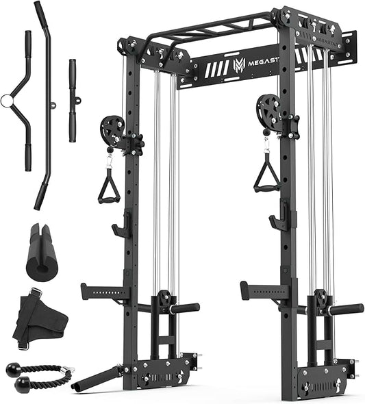 Wall Mounted Power Rack – 1600LB Capacity Compact Commercial Home Gym with Dual Cable Crossover, LAT Pulldown, Multi-Grip Pull-Up Bar & Landmine Attachment for Small Spaces, P67 Striker Red