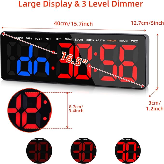 Gym Timer, 16.5" Large Digital Wall Clock for Gym Interval Workout, Remote Control LED Digital Timer for Home Decor, Living Room, Office, Gym, Classroom