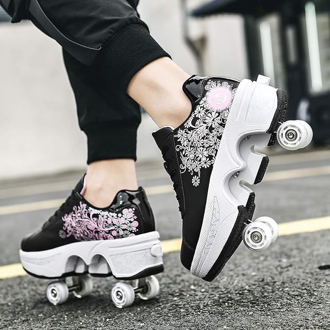 Double-Row Deform Wheel Automatic Walking Shoes Invisible Deformation Roller Skate 2 in 1 Removable Pulley Skates Skating Parkour