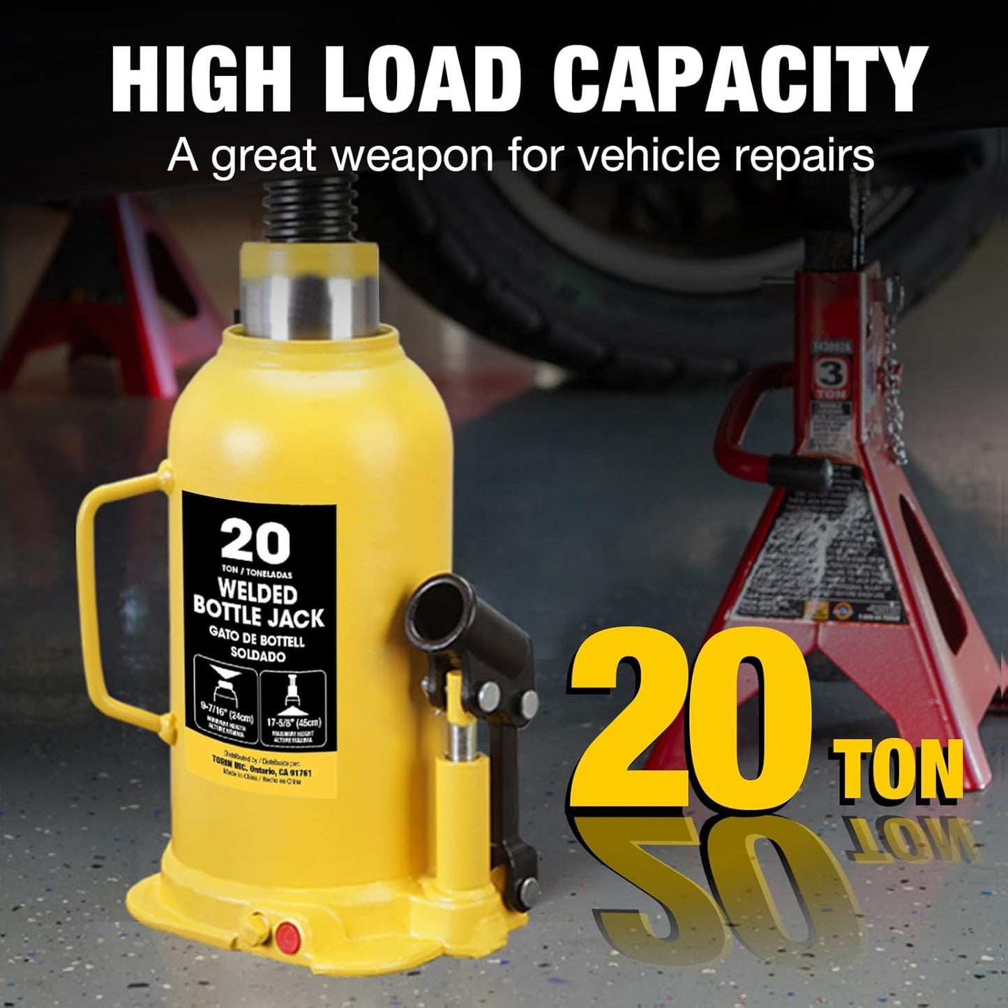 YELLOW JACKET 20 Ton Bottle Jack All Welded Hydraulic Jack with 2-Section Long Handle, for Car, Pickup Truck, Truck, RV, Auto Repair, Industrial Engineering