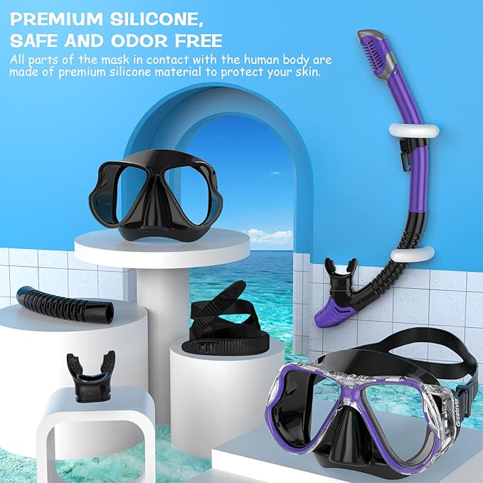 Greatever Dry Snorkel Set,Panoramic Wide View,Anti-Fog Scuba Diving Mask,Professional Snorkeling Gear