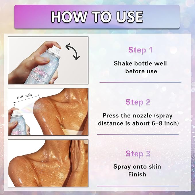 Body Glitter Spray, 150ML Shiny Glitter Spray for Hair Body and Clothes, Long-Lasting Quick-Drying Holographic Ultra Fine Powder Glitter Hairspray for Festival Rave Stage Prom 5.2 Fl Oz