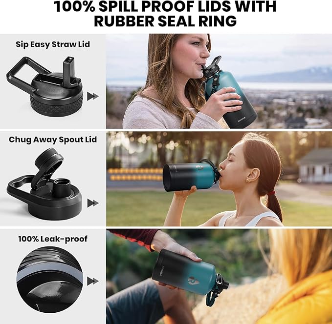 Insulated Water Bottle 64 oz, Triple Wall Vacuum Stainless Steel (Cold for 48 Hrs), Leak Proof & Non-BPA, Half Gallon Water Flask Jug with Paracord Handle & Straw Spout Lids