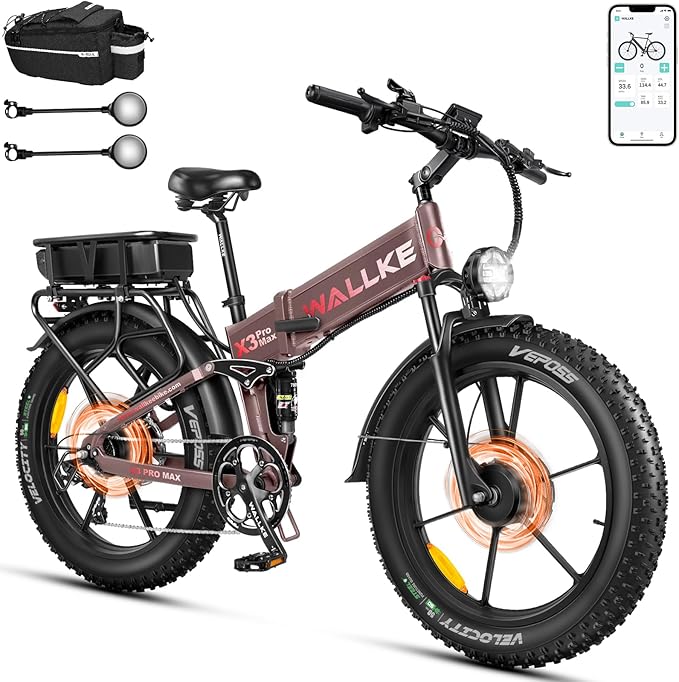 W Wallke 2025 X3 ProMax MAX Folding Dual Motor Electric Bike, 48V 44Ah/22Ah Long Range Adults Ebike, 26" Fat Tire All Terrian Full Suspension 31-34 MPH Fast E-Bike, 7-Speed Mountain e Bicycle, UL2849