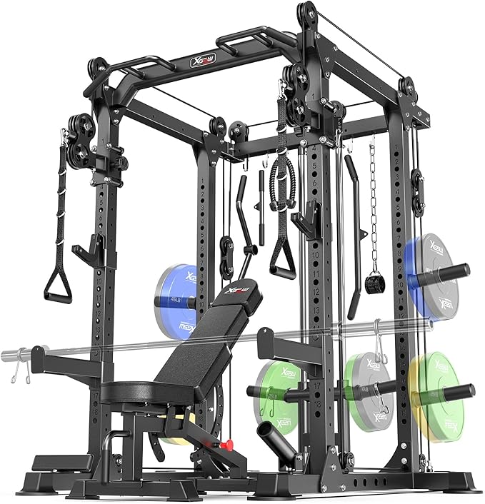 Power Cage,1600lbs Multi-Function Power Rack with Adjustable Cable Crossover System and More Training Attachment, Weight Cage for Home Gym