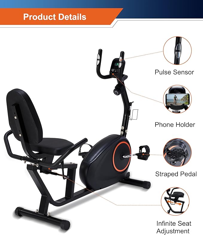 Recumbent Exercise Bike for Seniors - 400LB Weight Capacity Recumbent Bikes with Comfortable Seat, Pulse Sensor, 16-level Resistance, LCD Monitor