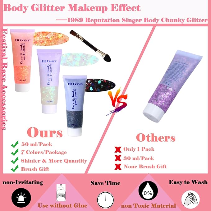 Body Glitter Face Glitter Gel: Singer Concerts Disco Festival Rave Accessories Face Glitter Makeup 150ml Chunky Sequins Mermaid Face Body Hair Glitter Gel (Orange&White&Black)