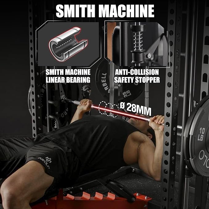 Mikolo Smith Machine, Multi-Function Power Cage with Dual Pulley System, Vertical Leg Press Attachment, Squat Rack Power Rack with More Training Attachment for Home Gym