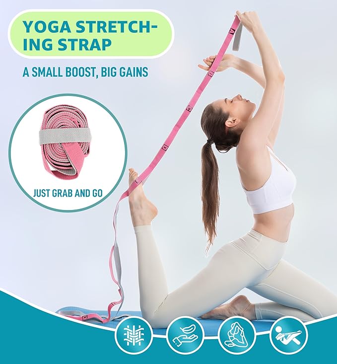 HiRui Stretching Strap Yoga Strap with Door Anchor, 14-Loops Non-Elastic Stretch Straps for Physical Therapy, Pilates, Dance, Gymnastics | Stretch Band with Workout Guide for Women & Men