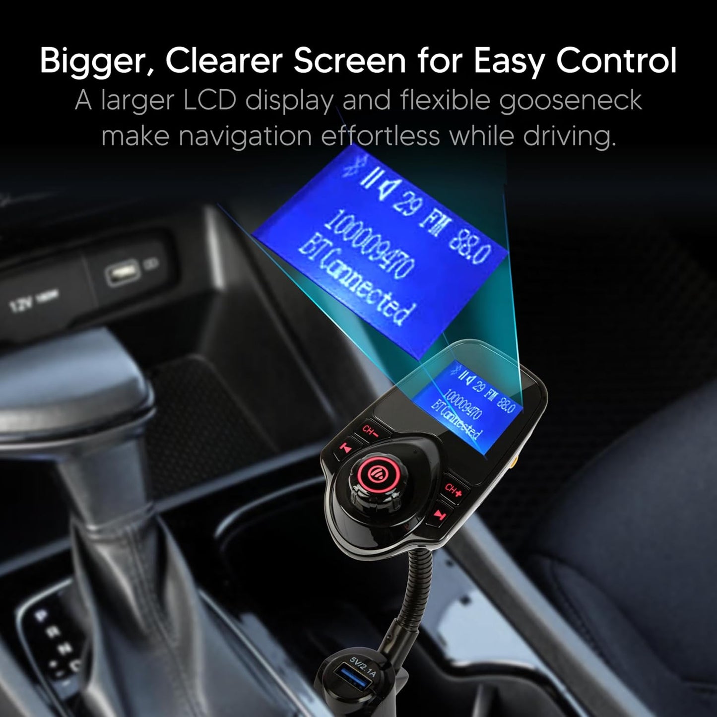 ONN Upgraded 2025 Car Bluetooth FM Transmitter – 1.44" Display, Flexible Gooseneck, Hands-Free Calls, Wireless Music Player, Radio Adapter, USB Charger, Micro SD Card & AUX Support