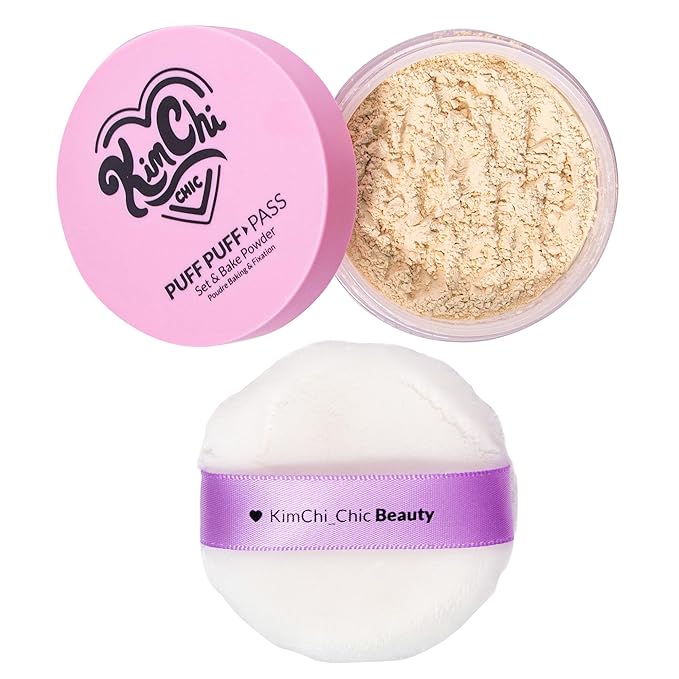Kimchi Chic Beauty Puff Puff Pass Set and Bake Setting Powder for Makeup, Extra Fluffy Loose Face Powder Poof, Soft Natural Face Makeup for Uneven Skin Tone, 02 Banana