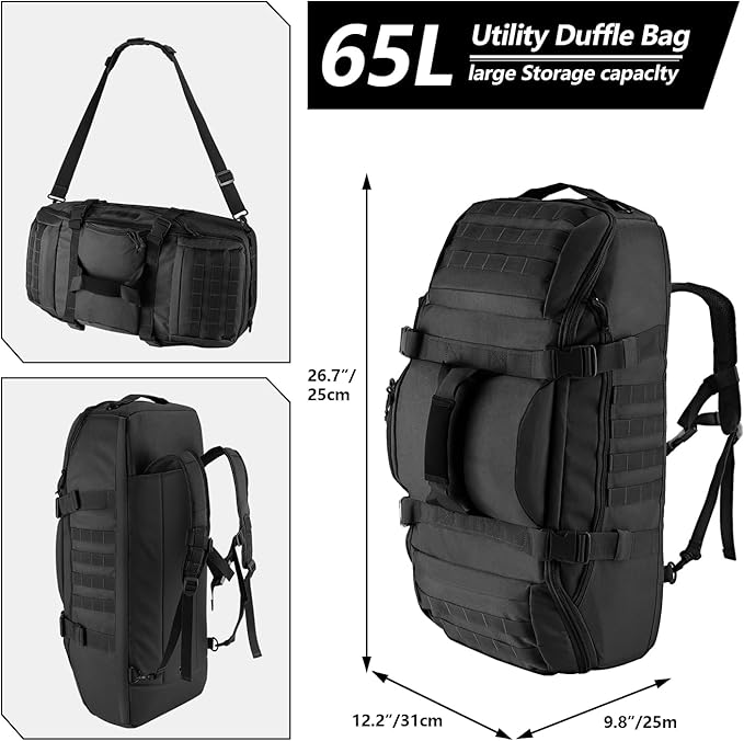 65L Large Duffle Bag, 3-in-1 Tactical Backpack MOLLE Pack for Workout, Sports, Gym, Outdoor, Black Red Patch