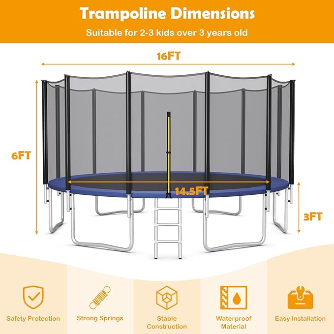 GYMAX Trampoline, 8FT 10FT 12FT 14FT 15FT 16FT Recreational Trampolines w/Safety Enclosure Net & Ladder - ASTM Certificated, Outdoor Trampoline for Kids and Adults