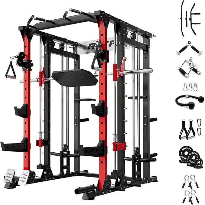 RitFit Smith Machine Power Cage with LAT Pulldown & Cable Crossover, All-in-One Power Rack Home Gym System with Leg Press Attachment & Accessories